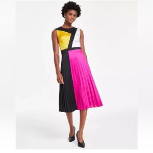 Karl Lagerfeld Paris Pink, Black, and Gold Colorblock Midi Pleated Dress